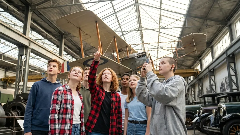 Deutsches Technikmuseum Berlin – Schulklasse staunt über historische Flugzeuge in der Ausstellungshalle