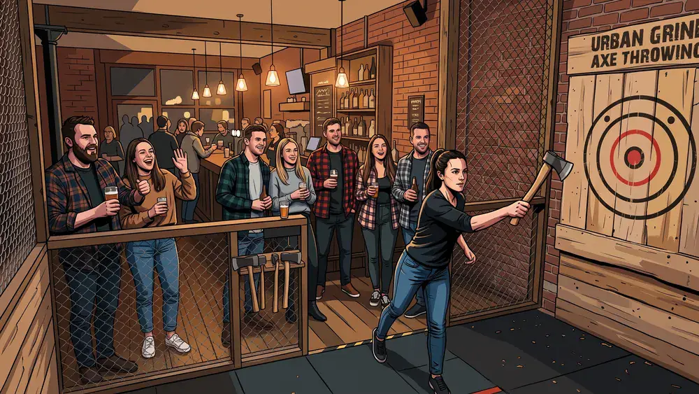 Axe Throwing Berlin – Kollegen werfen Äxte auf Holzscheiben in einer Urban Bar