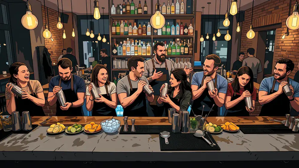 Cocktailkurs in Berlin – Kollegen mixen Cocktails an einer Bar unter Anleitung