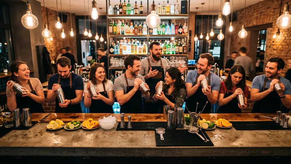 Cocktailkurs in Berlin – Kollegen mixen Cocktails an einer Bar unter Anleitung in Kreuzberg