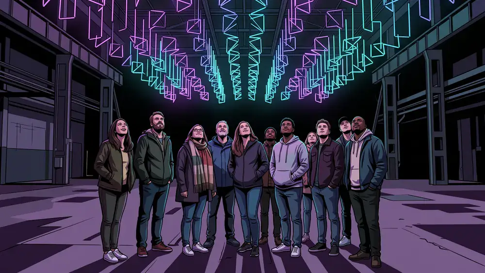 Dark Matter Berlin – Kollegen stehen staunend unter einer kinetischen Lichtinstallation