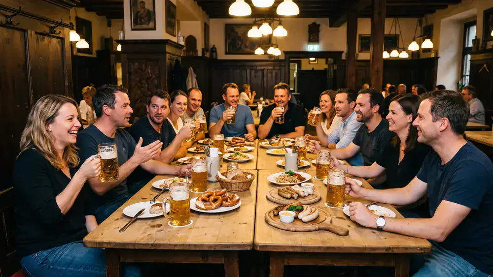 Hofbräu Wirtshaus Berlin – Kollegen feiern an langen Holztischen in einem bayrischen Brauhaus am Alex