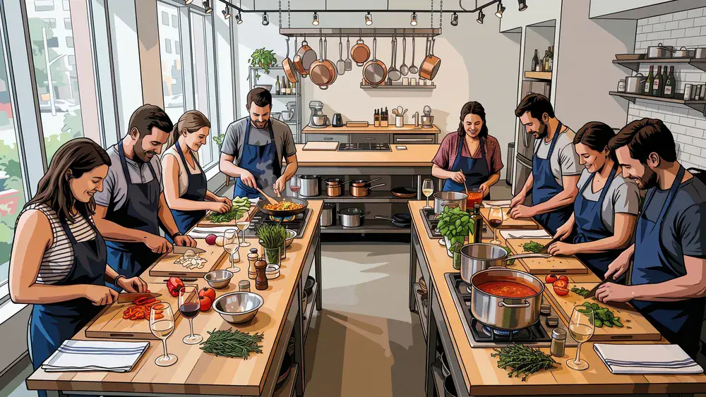 Kochkurs in Berlin – Kollegen kochen gemeinsam ihr Weihnachtsmenü in einer hellen Kochschule