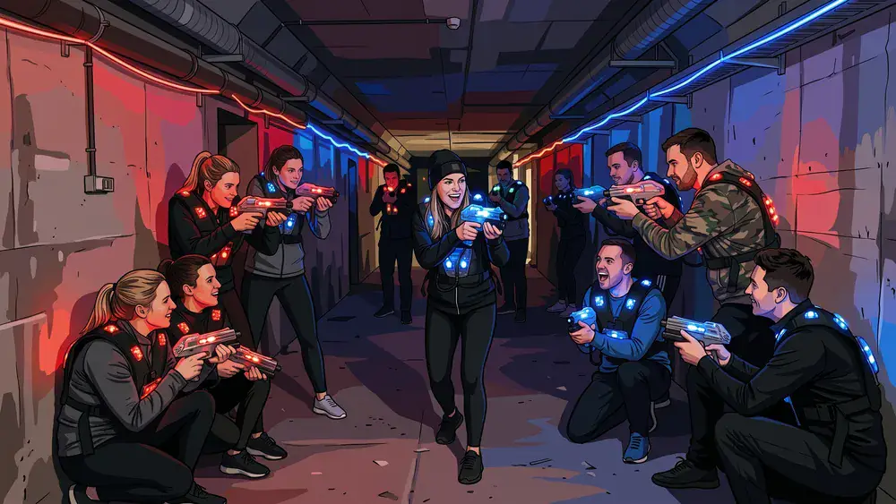 Lasertag in Berlin – Kollegen in tactical vests spielen in einem echten WWII-Bunker am Anhalter Bahnhof
