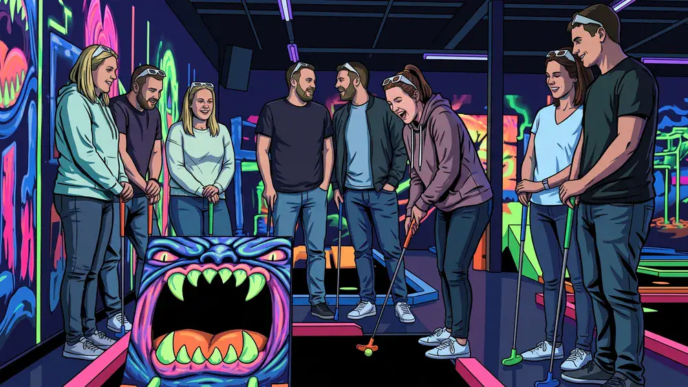 Schwarzlicht-Minigolf in Berlin – Kollegen spielen mit 3D-Brillen in leuchtender Neonwelt im DockX