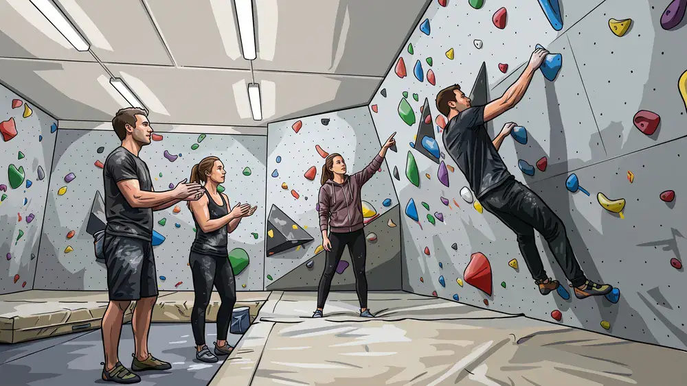 Boulderhalle in Bielefeld - Erwachsene klettern an bunten Griffen an der Wand