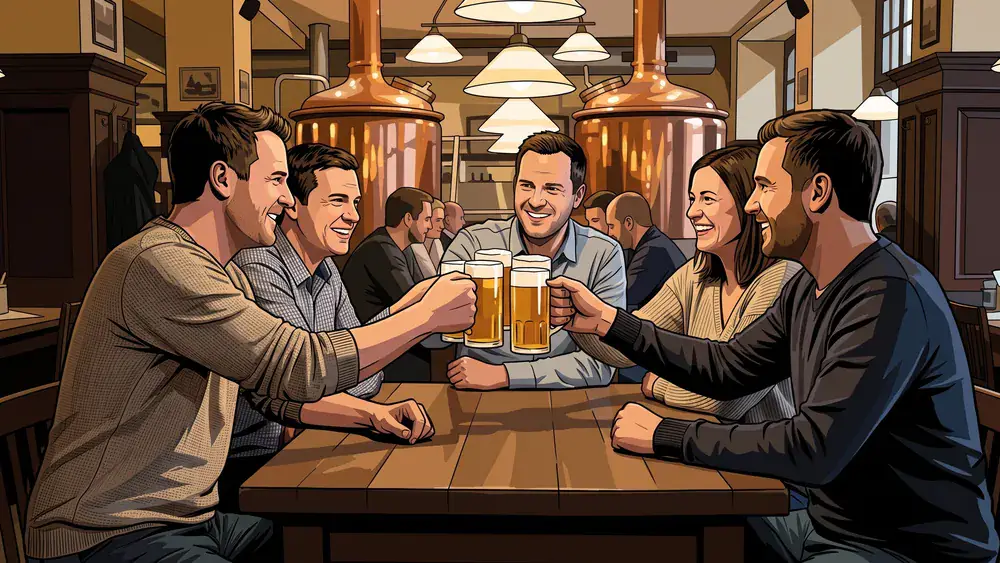 Brauhaus Joh. Albrecht in Bielefeld - Erwachsene stoßen am Holztisch mit Kupferkesseln im Hintergrund an