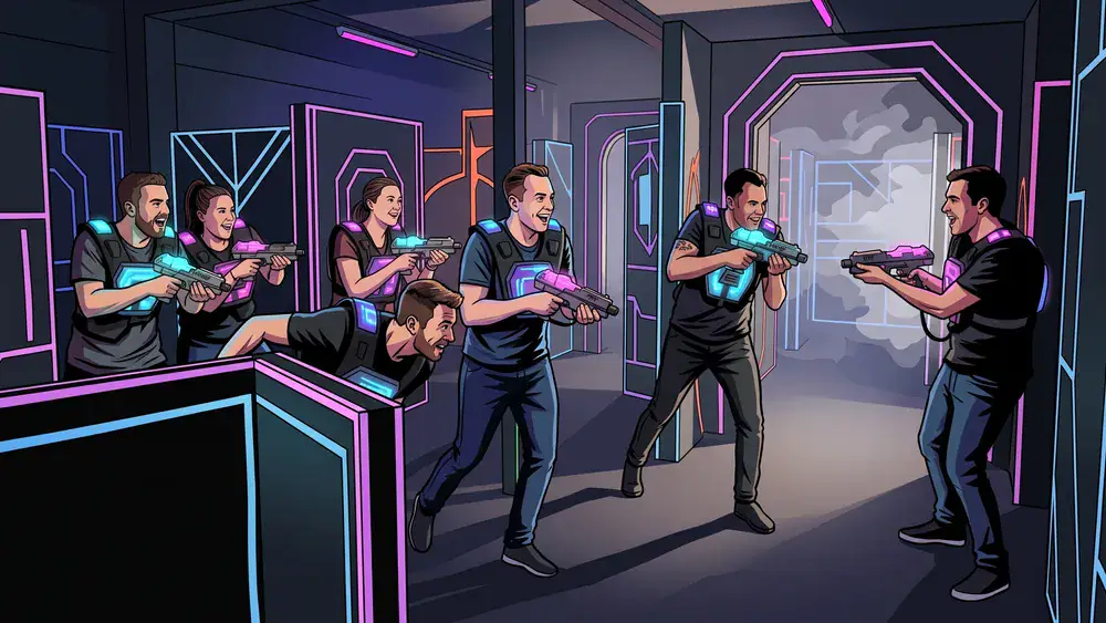 LaserZone Bielefeld - Erwachsene spielen Lasertag in einer dunklen Neon-Arena