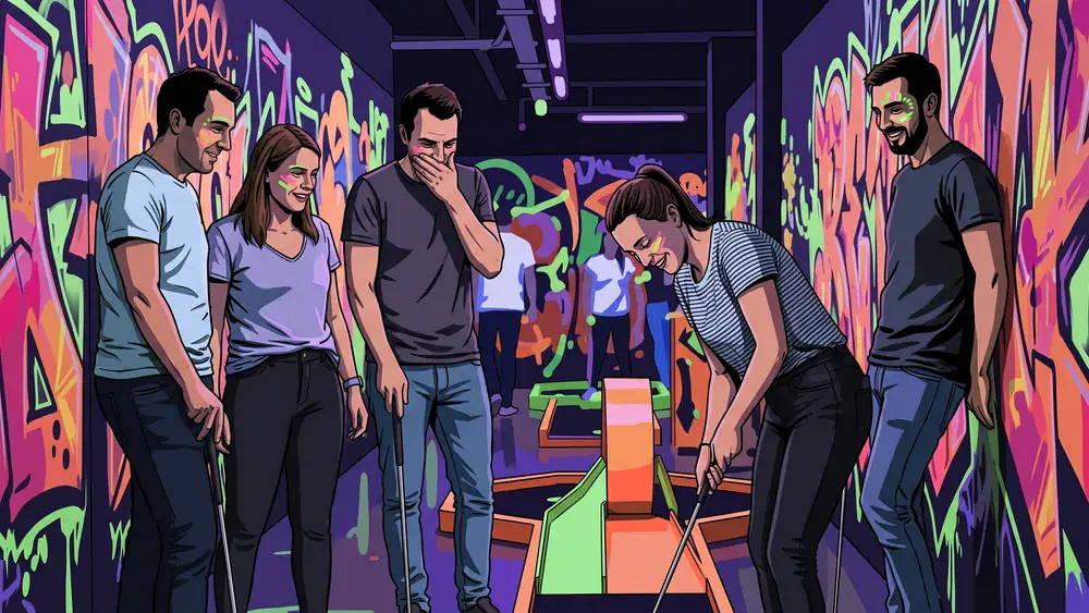 GolfZone Schwarzlicht Minigolf in Bielefeld - Erwachsene spielen Minigolf im Neonlicht