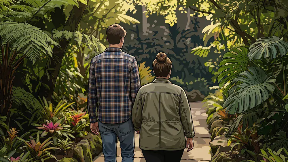 Botanischer Garten in Bielefeld – Zwei Personen spazieren zwischen exotischen Pflanzen