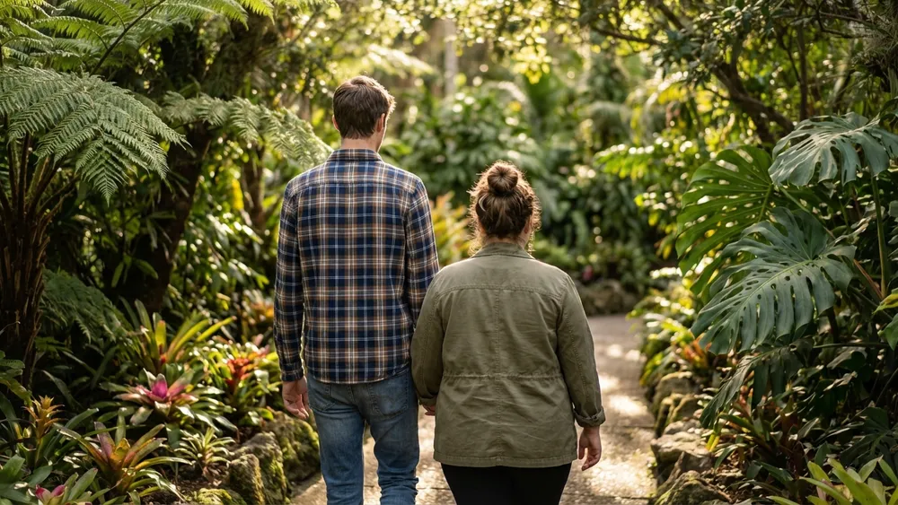 Botanischer Garten in Bielefeld – Zwei Personen spazieren zwischen exotischen Pflanzen