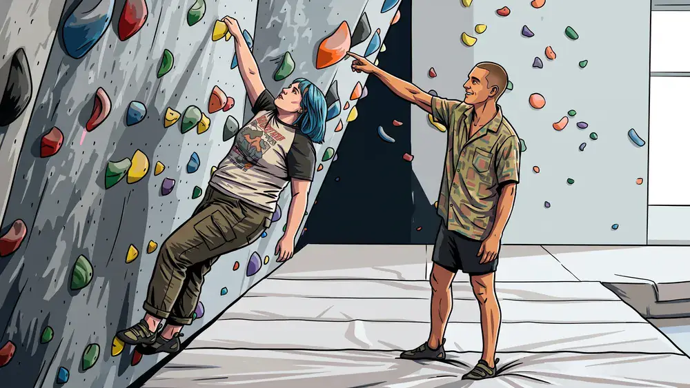 Boulderhalle in Bielefeld – Zwei Personen klettern an der Boulderwand