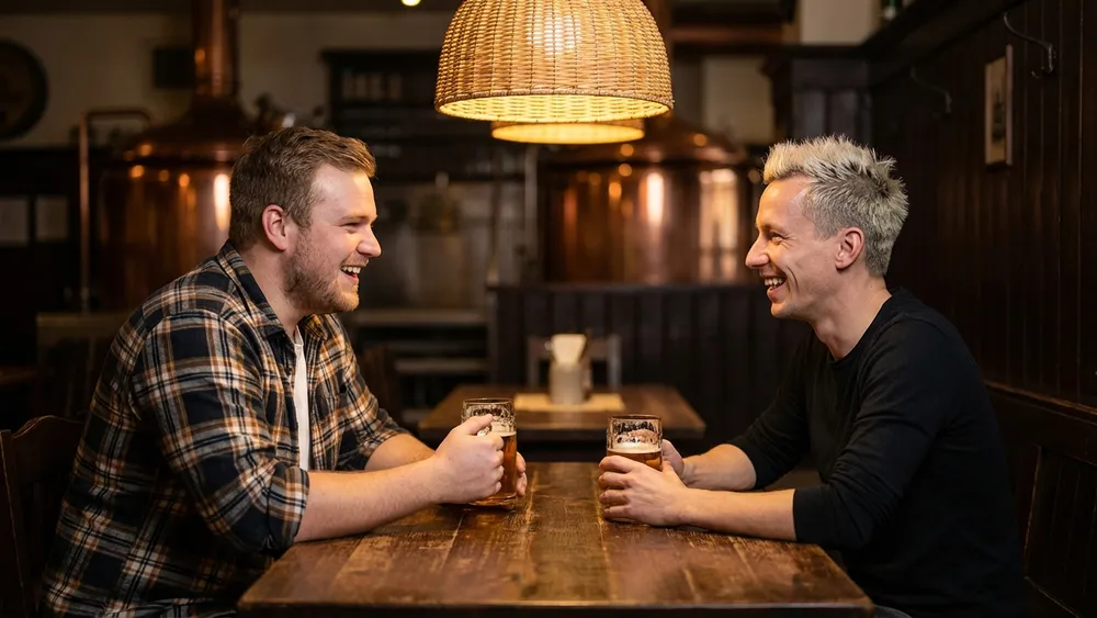 Brauhaus Joh. Albrecht in Bielefeld – Zwei Personen am Holztisch im traditionellen Brauhaus