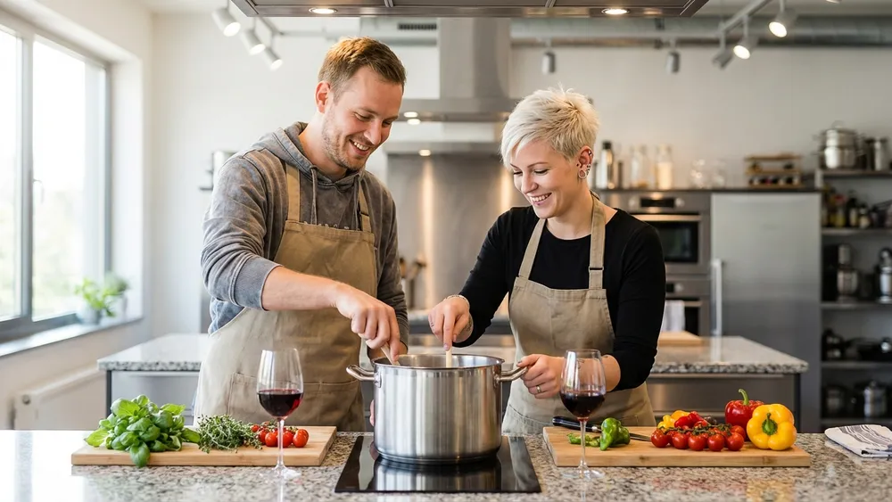Kochkurs in Bielefeld – Zwei Personen kochen gemeinsam in einer modernen Kochschule