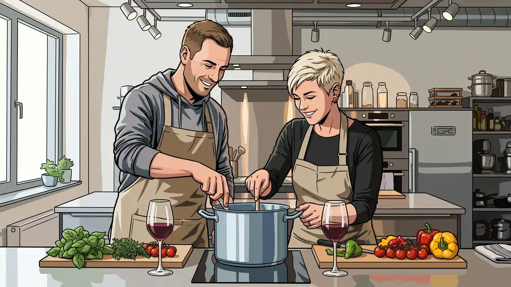 Kochkurs in Bielefeld – Zwei Personen kochen gemeinsam in einer modernen Kochschule
