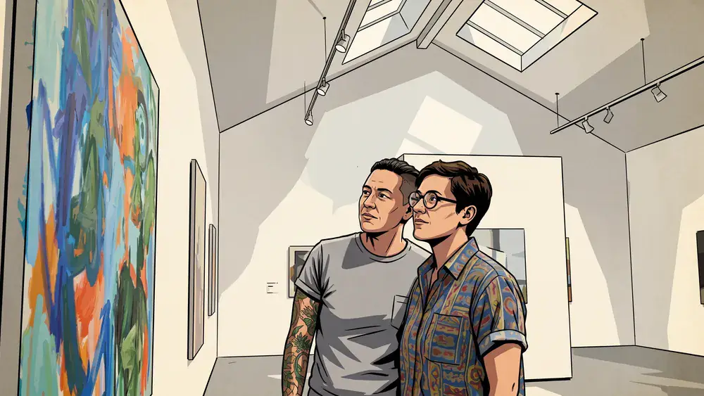 Kunsthalle Bielefeld – Zwei Personen betrachten moderne Kunst in der Galerie