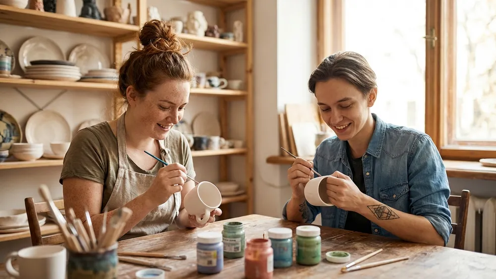 Porzellansalon in Bielefeld – Zwei Personen bemalen Keramik in einem hellen Studio