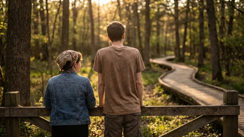 Heimat-Tierpark Olderdissen in Bielefeld – Zwei Personen am Gehege im Waldpark