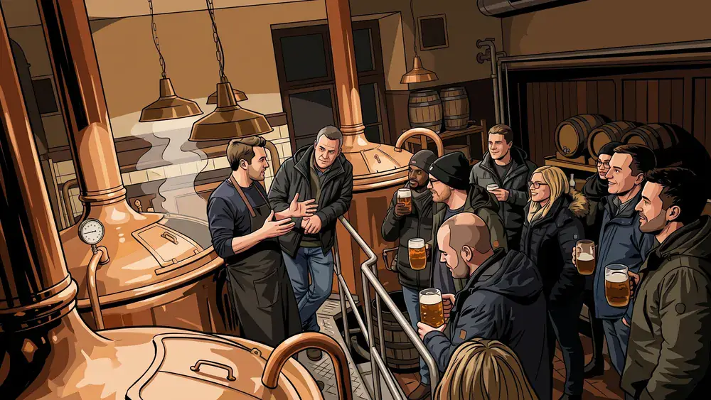 Brauereiführung in Bielefeld – Kollegen an Kupferkesseln mit Brauer im Joh. Albrecht Brauhaus