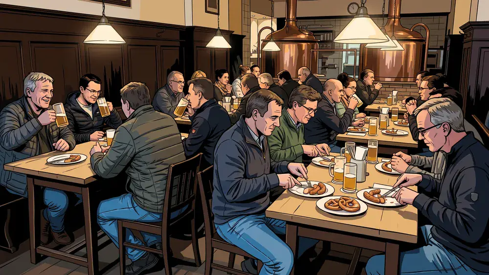 Brauhaus in Bielefeld – Kollegen trinken Hausbier an langen Tischen mit Kupferkesseln im Hintergrund