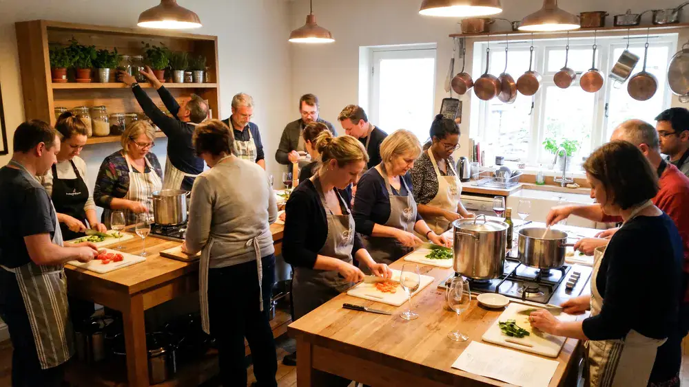 Kochkurs in Bielefeld – Kollegen kochen gemeinsam ein Menü in einer hellen Kochschule in Sudbrack