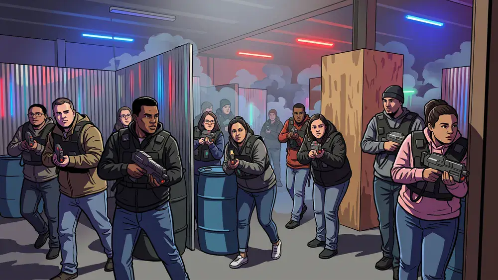 Lasertag in Bielefeld – Kollegen in taktischen Westen spielen in einer dunklen Neon-Arena