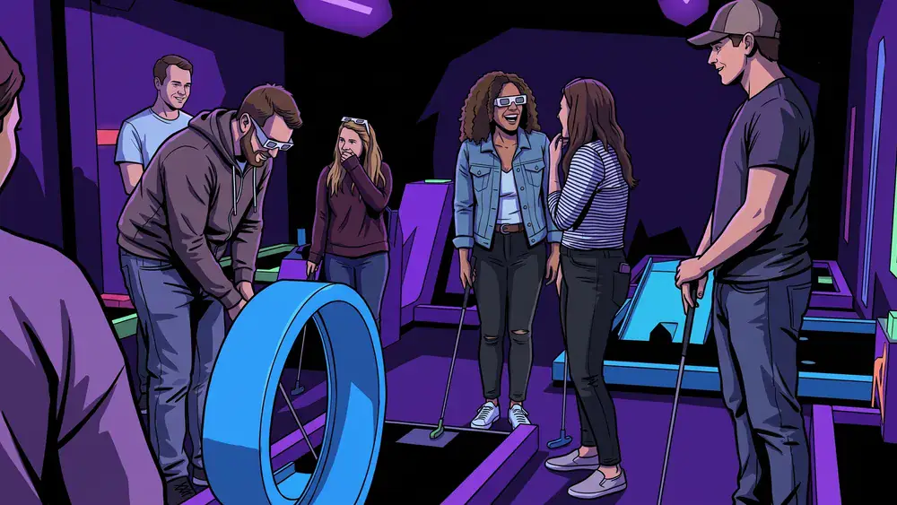 Schwarzlicht Minigolf in Bielefeld – Kollegen spielen mit 3D-Brillen Minigolf in leuchtender Neonwelt