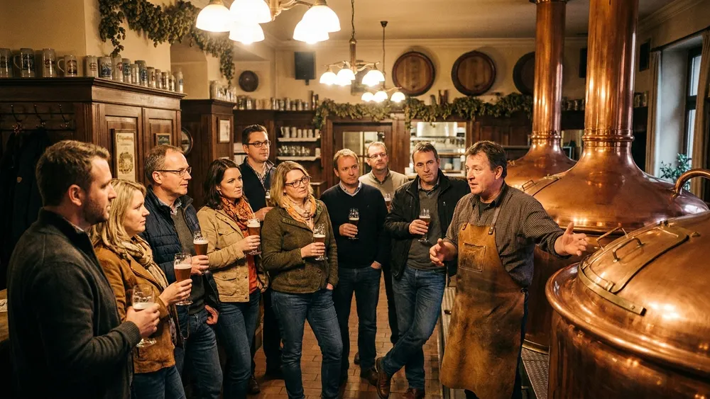 Brauereiführung in Bielefeld – Gruppe an Kupferkesseln mit Brauer im Joh. Albrecht Brauhaus
