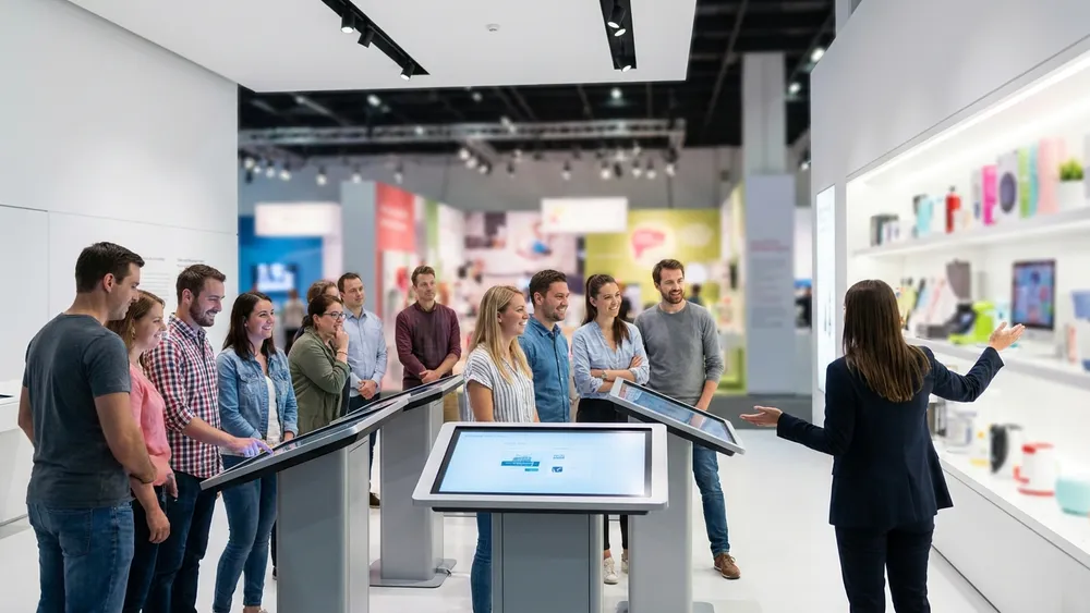 Dr. Oetker Welt in Bielefeld – Gruppe an interaktiven Ausstellungsstationen mit Gästeführerin