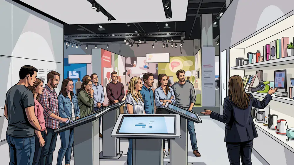 Dr. Oetker Welt in Bielefeld – Gruppe an interaktiven Ausstellungsstationen mit Gästeführerin
