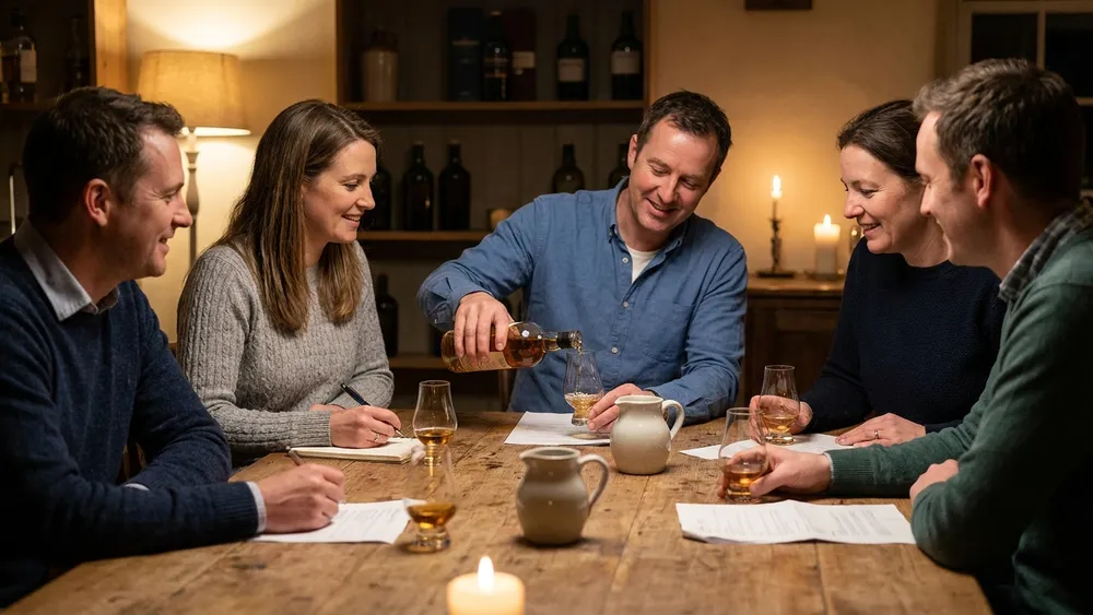 Whisky-Tasting in Bielefeld – Gruppe verkostet am Abend gemeinsam mehrere Whiskys mit Verkostungsnotizen