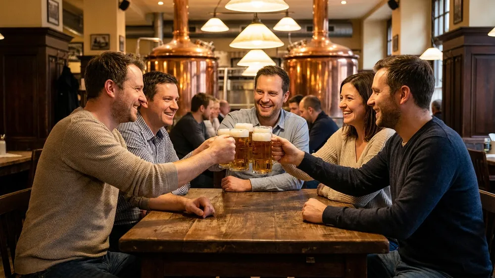Brauhaus Joh. Albrecht in Bielefeld - Erwachsene stoßen am Holztisch mit Kupferkesseln im Hintergrund an
