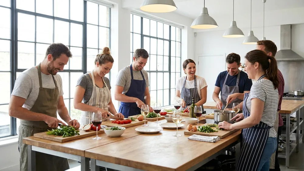 Kochkurs in Bielefeld - Erwachsene kochen gemeinsam ein Menü in einer modernen Kochschule