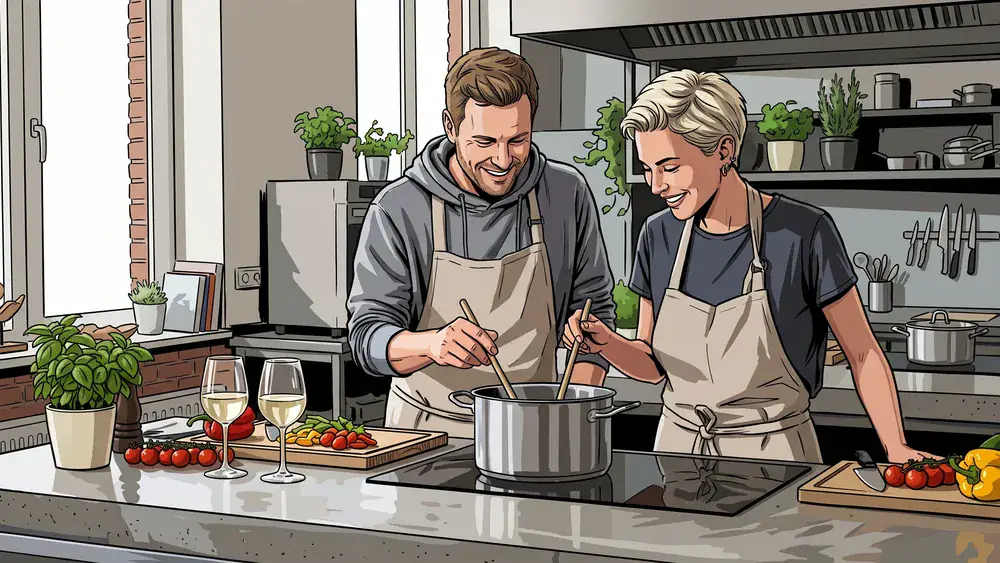 Kochkurs in Bielefeld – Zwei Personen kochen gemeinsam in einer modernen Kochschule