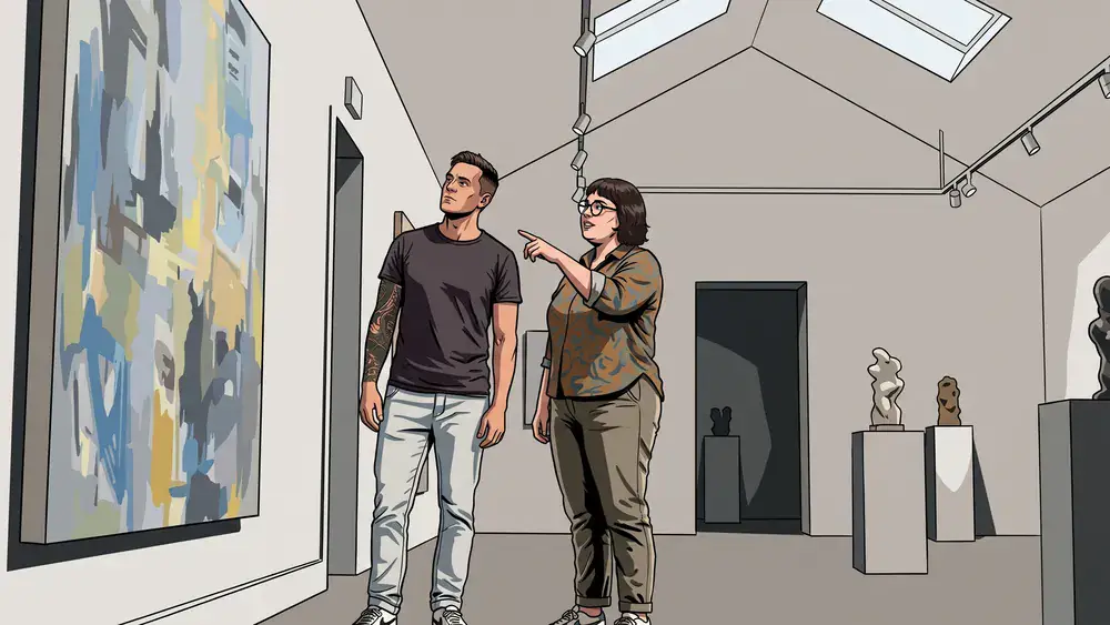 Kunsthalle Bielefeld – Zwei Personen betrachten moderne Kunst in der Galerie