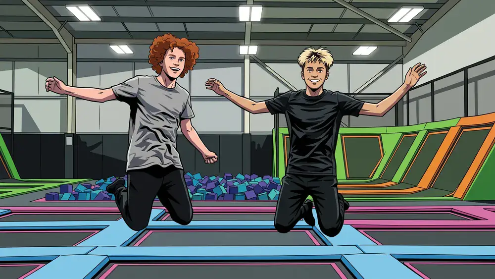 Superfly Bielefeld – Zwei Personen springen auf Trampolinen in einem bunten Indoor-Park