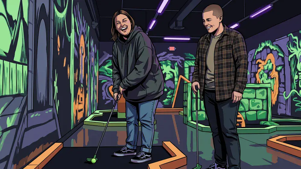 Schwarzlicht Minigolf in Bielefeld – Team spielt mit 3D-Brillen Minigolf in leuchtender Neonwelt