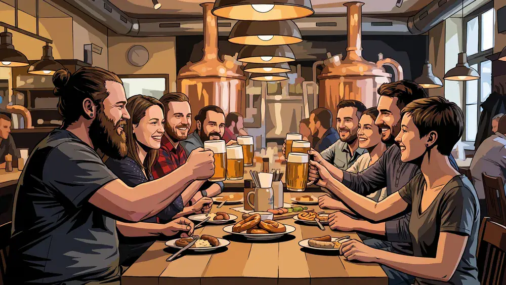 Brauhaus in Bielefeld – JGA-Gruppe stößt am langen Tisch mit Bier an