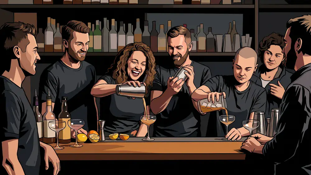 Cocktailkurs in Bielefeld – JGA-Gruppe mixt Drinks hinter der Bartheke