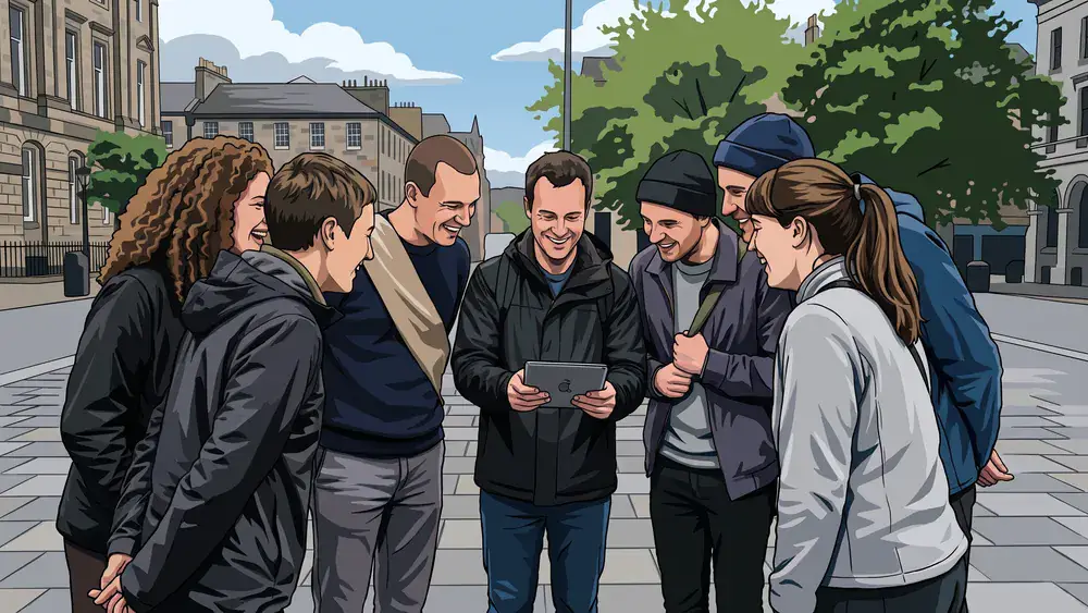 Stadtrallye in Bielefeld – JGA-Gruppe löst mit dem Tablet eine Aufgabe im Freien