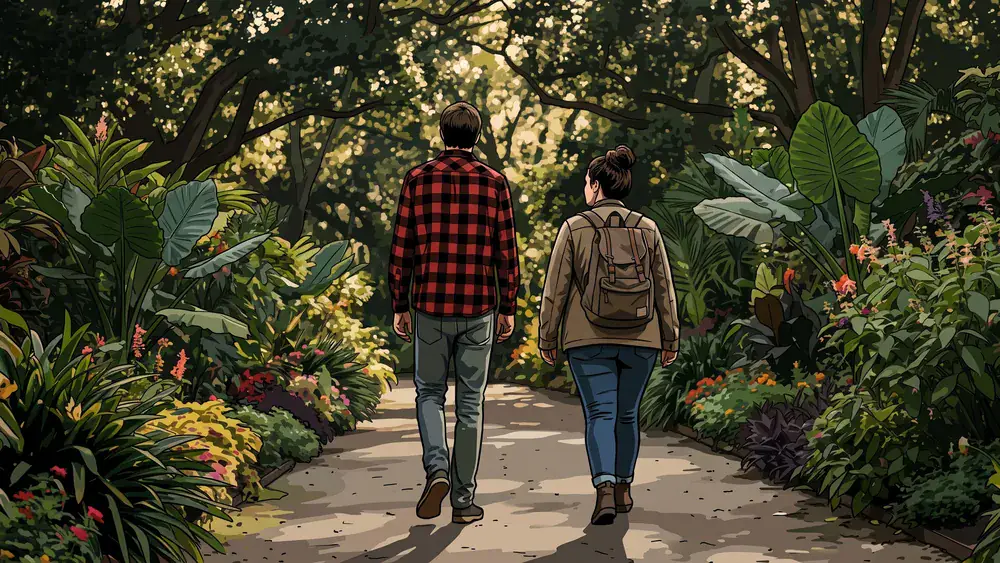 Botanischer Garten in Bielefeld – Zwei Personen spazieren am Sonntag zwischen exotischen Pflanzen
