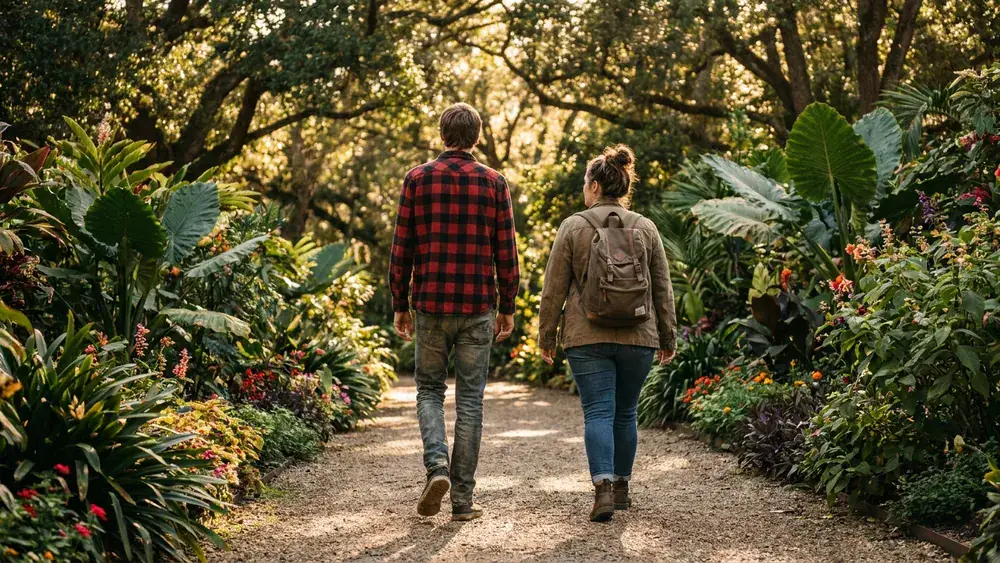 Botanischer Garten in Bielefeld – Zwei Personen spazieren am Sonntag zwischen exotischen Pflanzen