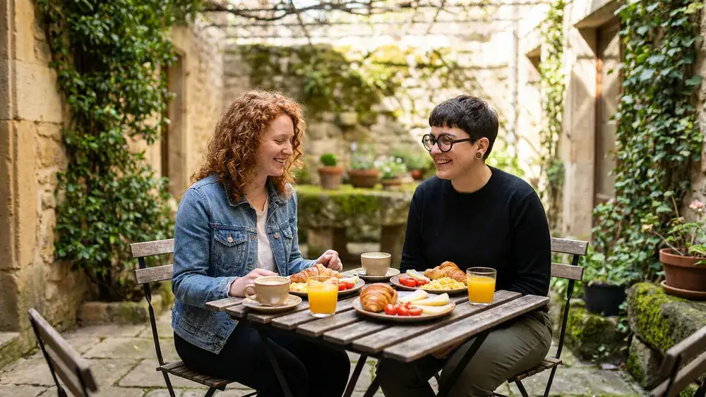 Finca Bar Celona in Bielefeld – Zwei Personen brunchen am Sonntag im historischen Innenhof