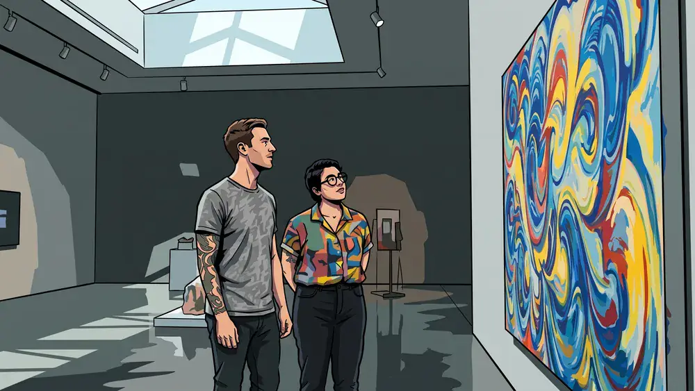 Kunsthalle Bielefeld – Zwei Personen betrachten moderne Kunst in der Galerie am Sonntag