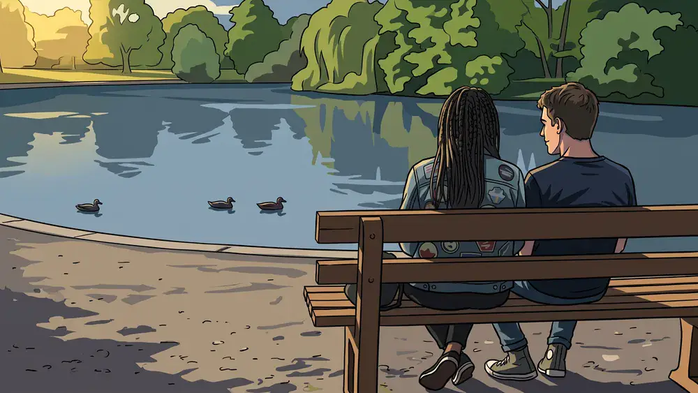 Obersee in Bielefeld – Zwei Personen sitzen am Sonntag auf einer Bank am See
