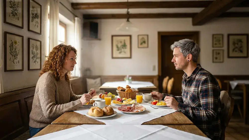 Pappelkrug in Bielefeld – Zwei Personen essen am Sonntag im Landgasthof