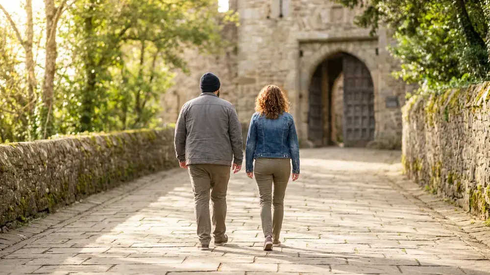 Sparrenburg in Bielefeld – Zwei Personen spazieren am Sonntag den Burgweg hinauf