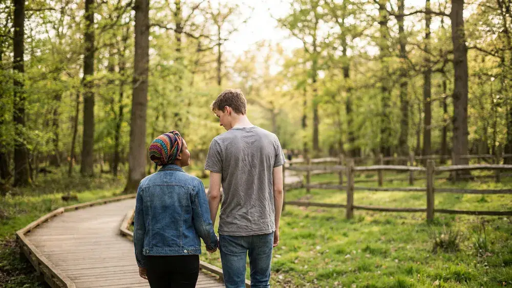 Heimat-Tierpark Olderdissen in Bielefeld – Zwei Personen am Gehege im Waldpark am Sonntag