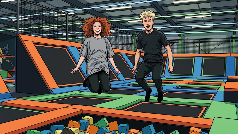 Superfly Bielefeld – Zwei Personen springen am Sonntag auf Trampolinen im Indoor-Park