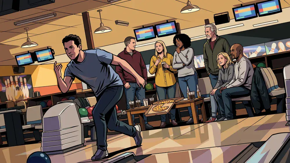 Bowling in Bielefeld – Team jubelt an einer Bahn im Elite Bowling Center